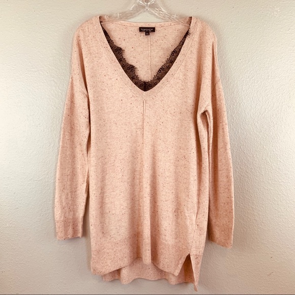 TOPSHOP Lace Trim Blush Speckled V-Neck Sweater - Picture 2 of 12